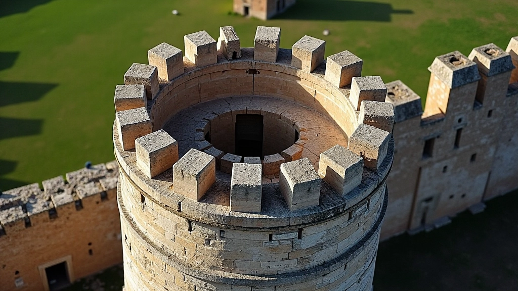 Vista aérea de una garita cilíndrica de piedra gris con almenas en la parte superior, muralla del castillo de fondo