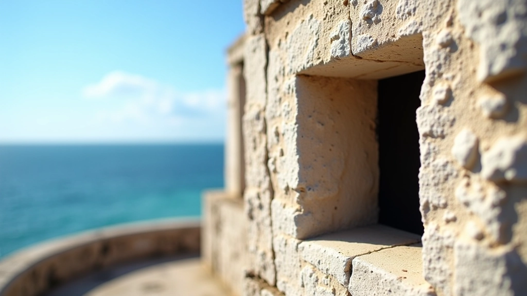 Detalle de ventanas de cañón rectangulares en una garita colonial, con vista al océano atlántico al fondo