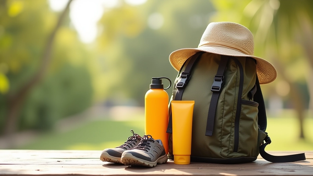 Mochila de senderismo con equipamiento esencial, botella de agua, sombrilla y zapatos de caminata sobre una mesa de madera