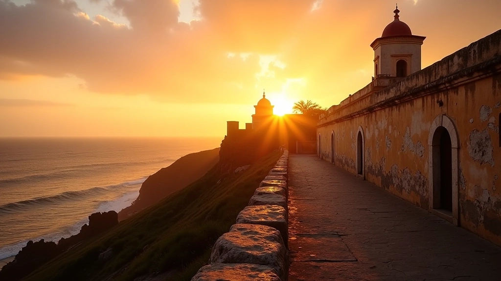 Vista panorámica de las murallas del Castillo San Cristóbal al atardecer con océano de fondo