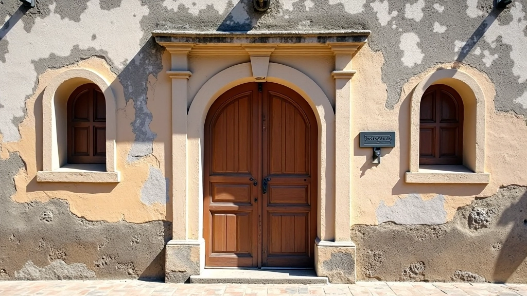 Detalle de una garita colonial de piedra con puerta de madera y ventanas arqueadas
