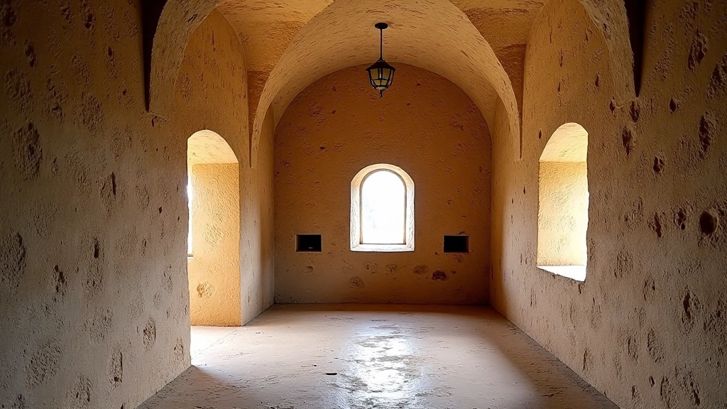 Interior de una garita mostrando paredes de piedra gruesa, bóveda de arco, y pequeñas ventanas de tiro defensivas