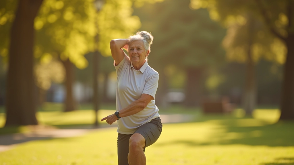 Adultos mayores entre 65-75 años realizando ejercicios de estiramiento simples en un parque soleado, enfocados en flexibilidad de piernas y caderas