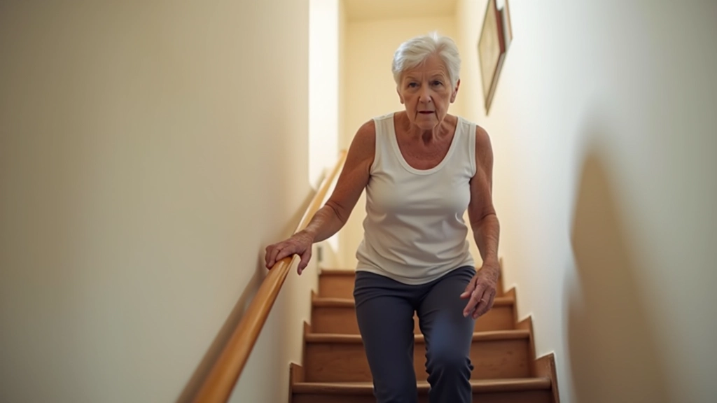 Persona mayor subiendo escaleras dentro de una casa con barandilla de seguridad bien visible