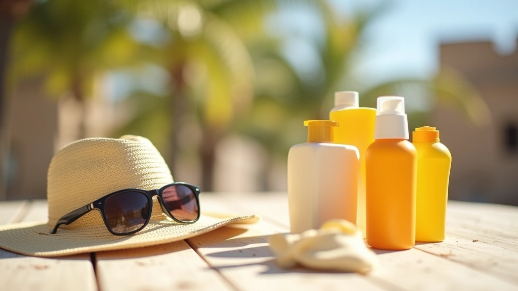 Accesorios de protección solar incluyendo sombrero de ala ancha, lentes de sol y botellas de protector solar dispuestos en una mesa al aire libre